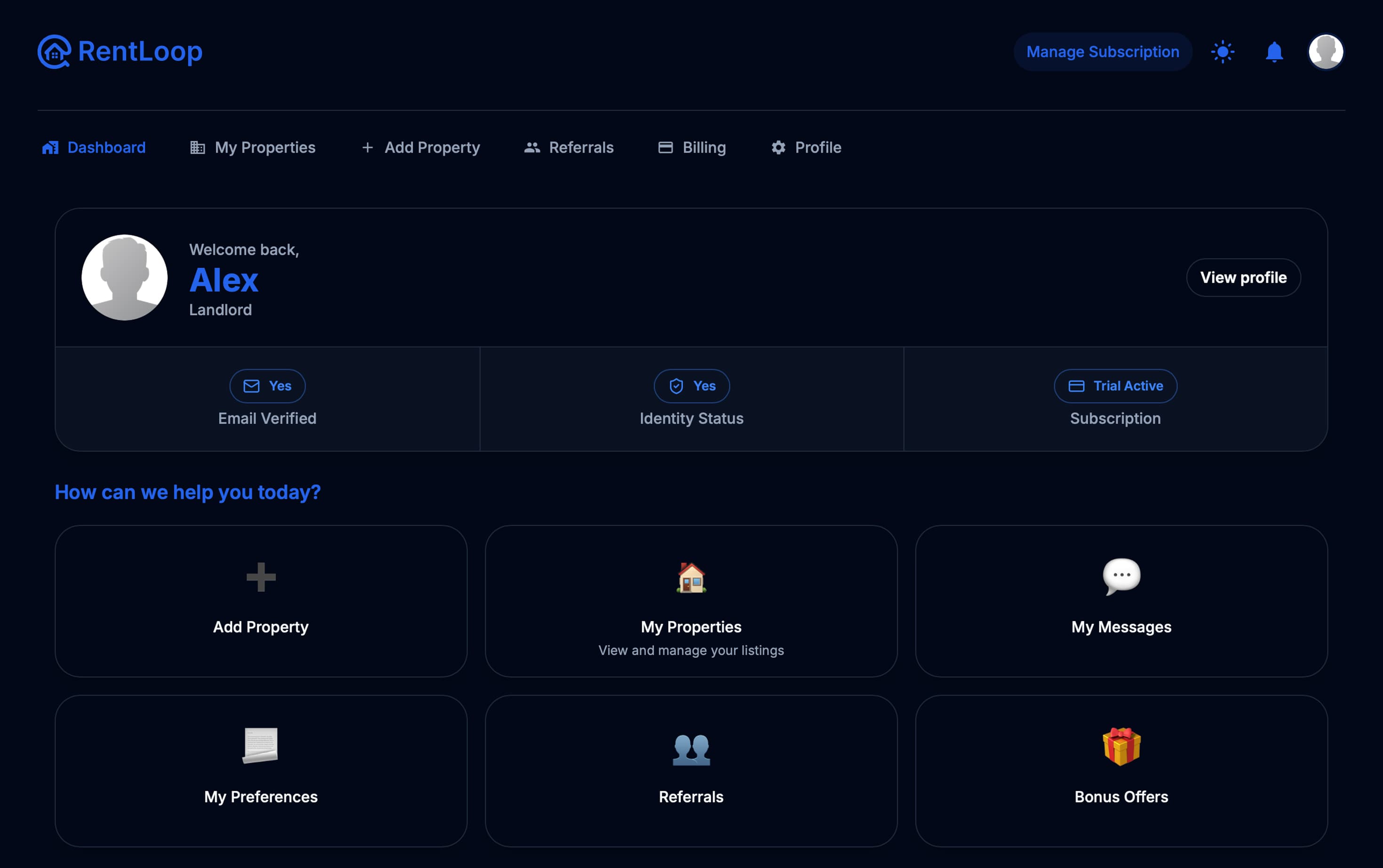 RentLoop Dashboard Screenshot in dark mode